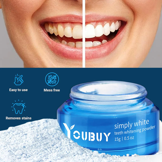 Teeth whitening powder jar with before and after smile comparison and product features.