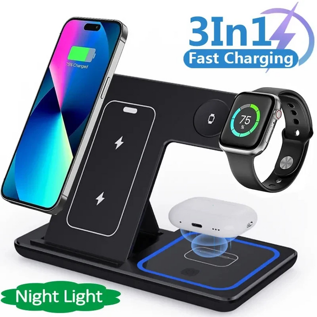 A 3-in-1 wireless charging dock shown on a white background, with a smartphone, smartwatch, and white earbud case charging on its tiers. The product is black with a blue LED light accent on the base, and the image includes text overlays reading '3In1 Fast Charging' and 'Night Light'.
