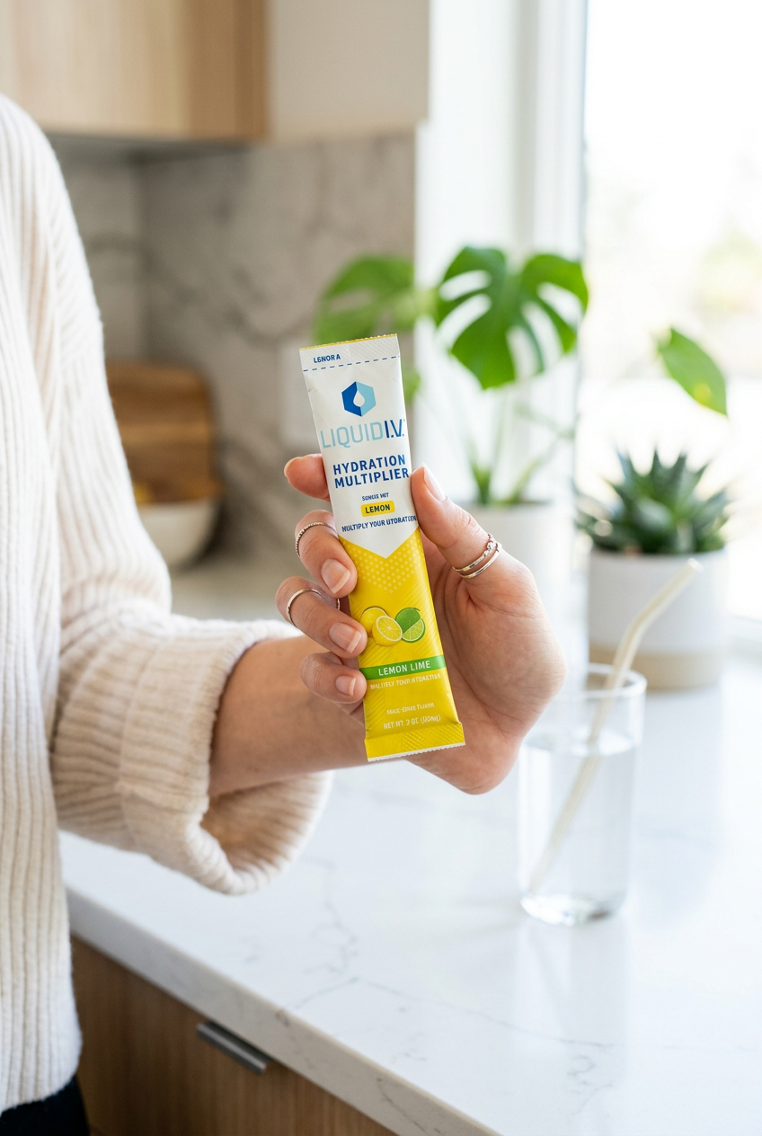 A person in a cream knit sweater holds a tube of Liquidiv Hydration Multi-Vitamin lemonade-flavored capsules over a bright, modern kitchen counter with a glass of water and plants in the background.